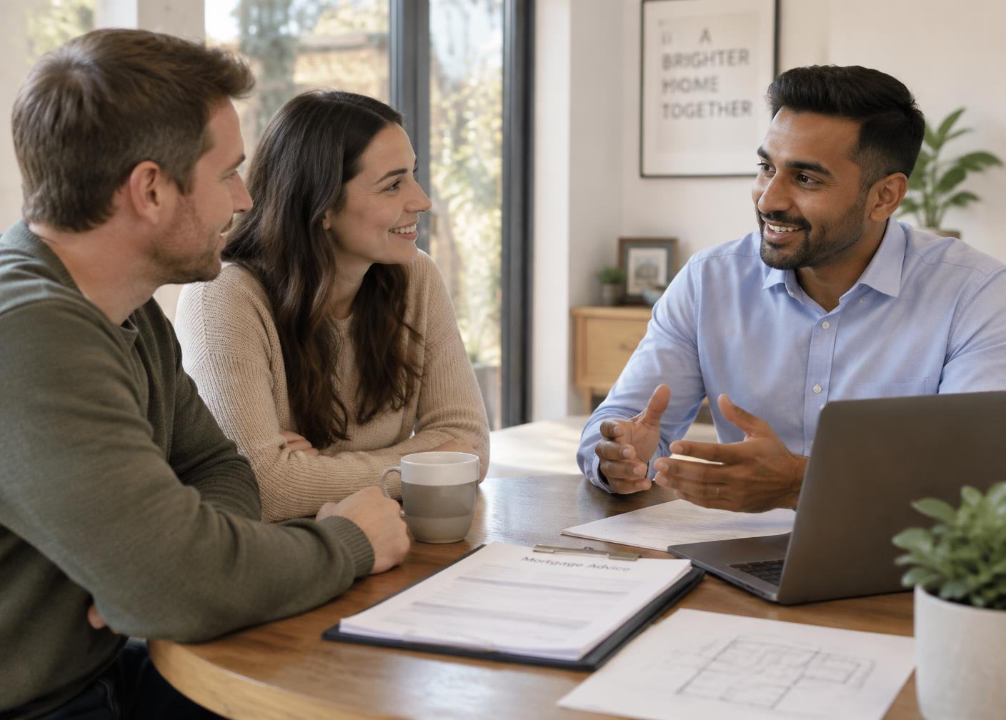 Mortgage adviser talking with a couple at a table in a bright home