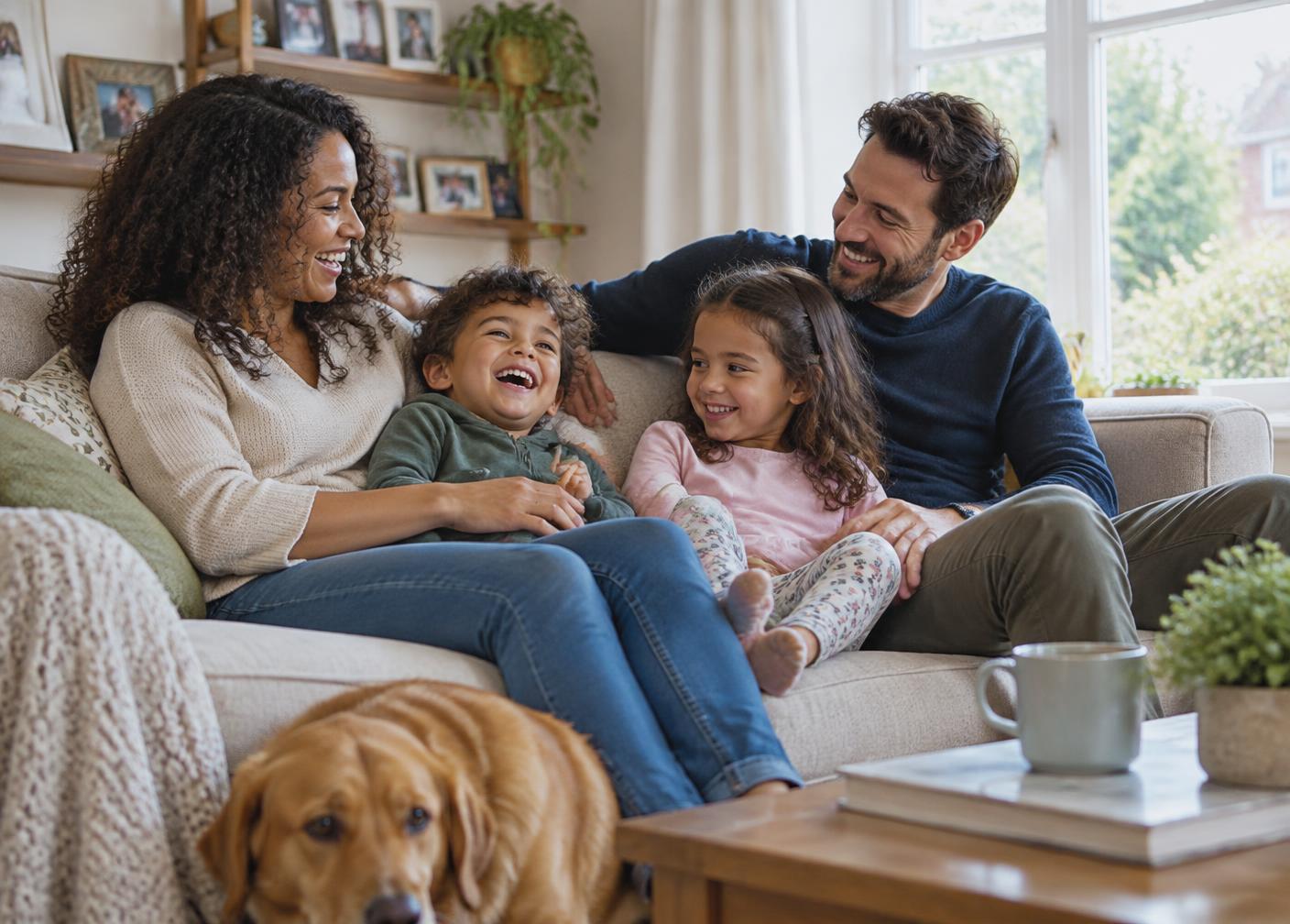 A family relaxing together on the sofa at home