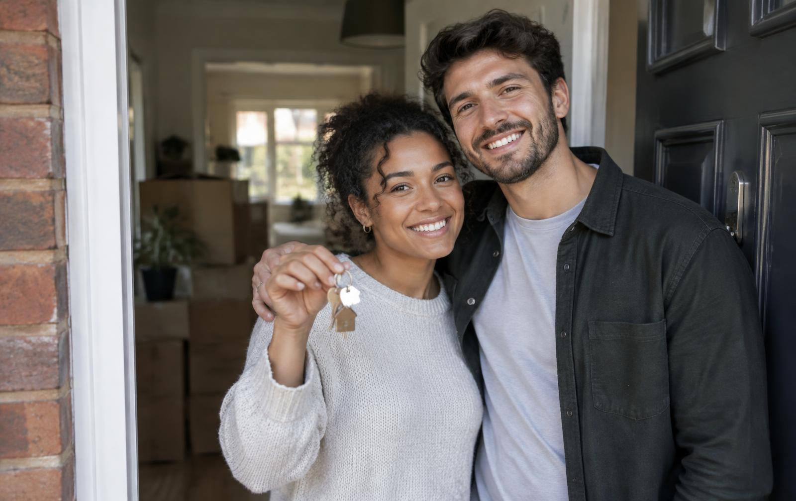 A couple smiling in the doorway of their new home, holding the keys